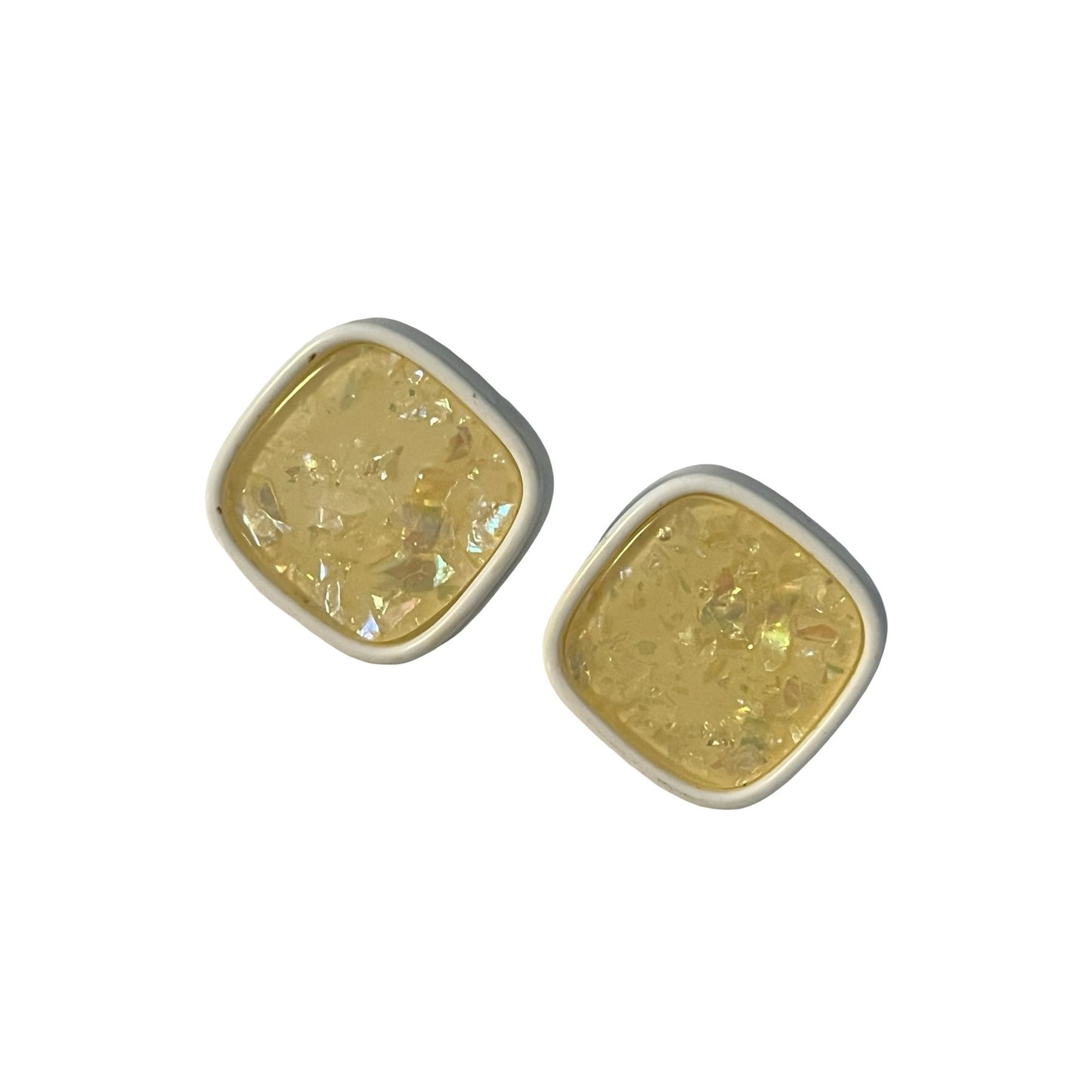 Vintage Yellow Lucite Square Clip On Earrings Iridescent Glitter Statement 1 Inch
