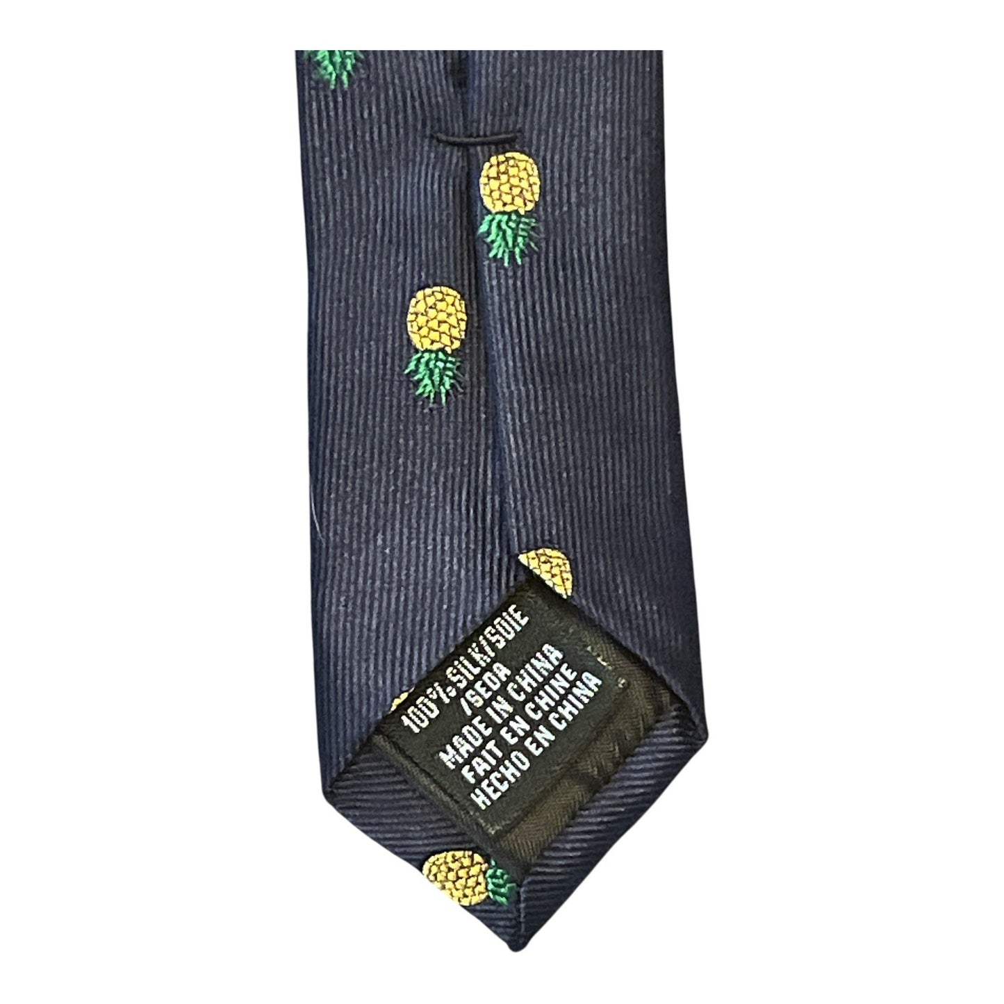 Van Heusen Pineapple Tie – Navy Blue Silk Necktie – 58" – Tropical Novelty Print