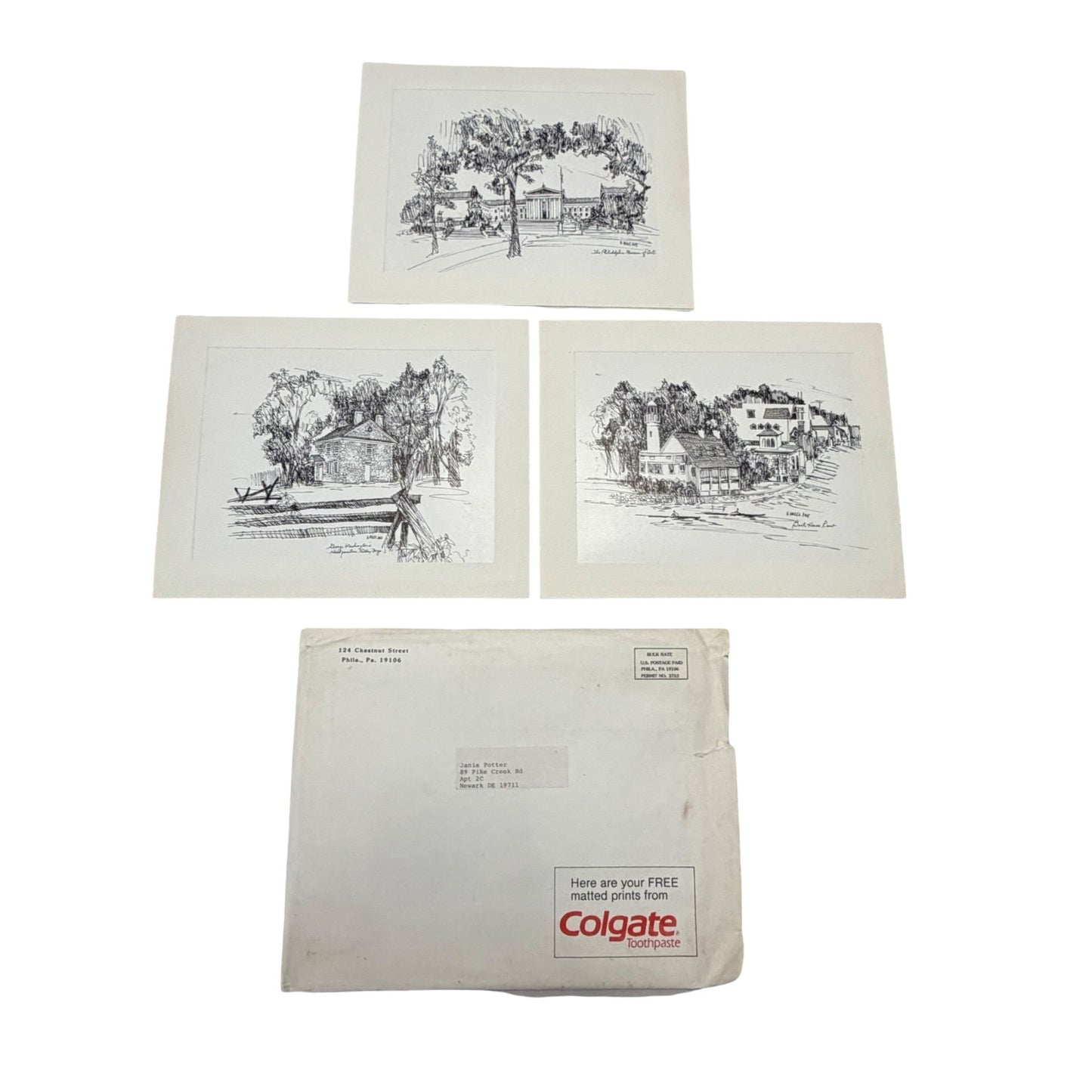 Vintage Colgate Toothpaste Philadelphia Landmark Matted Print Set N Miles AWS 1960s 1970s