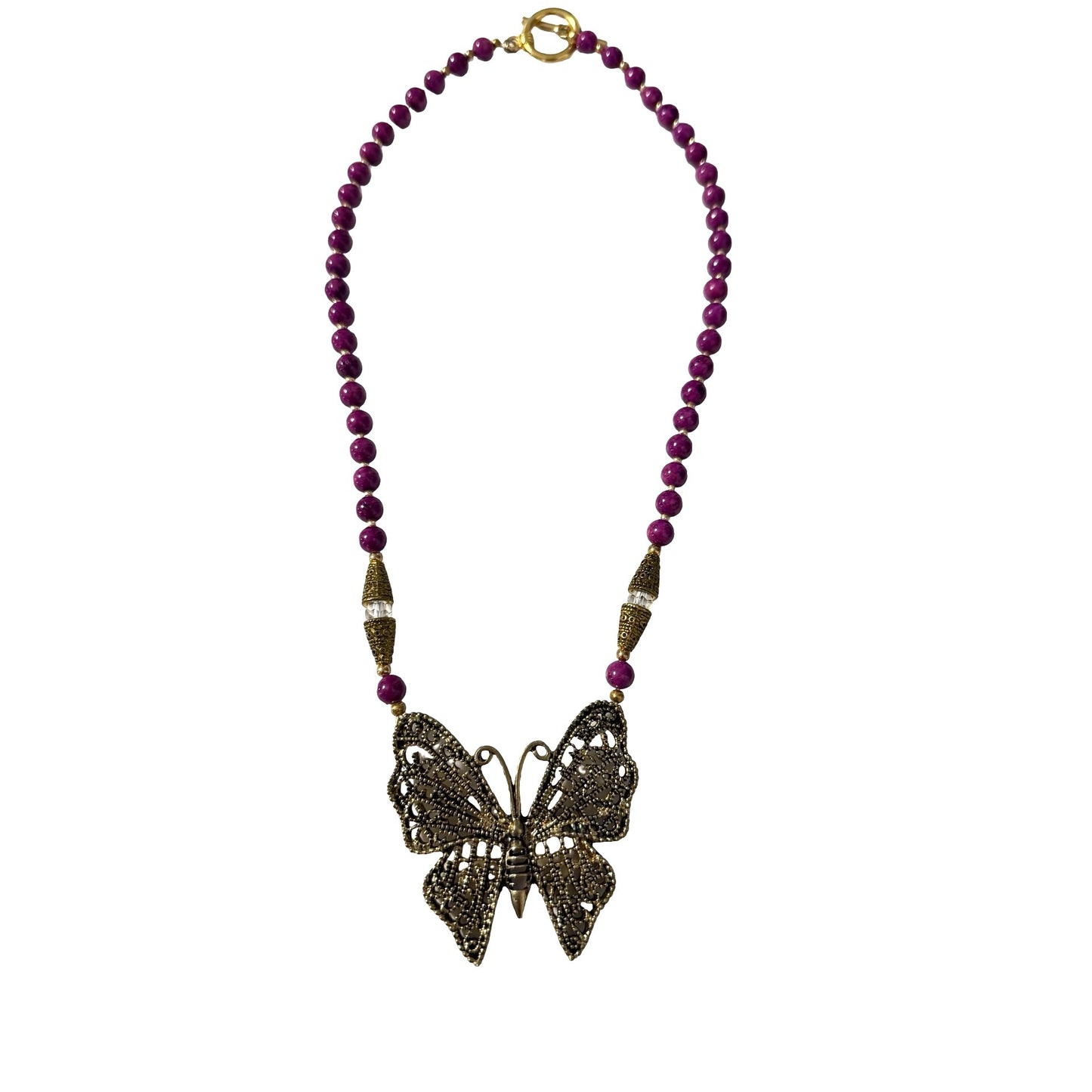 Vintage Butterfly Pendant Necklace Purple Stone Beads Filigree Butterfly 18"
