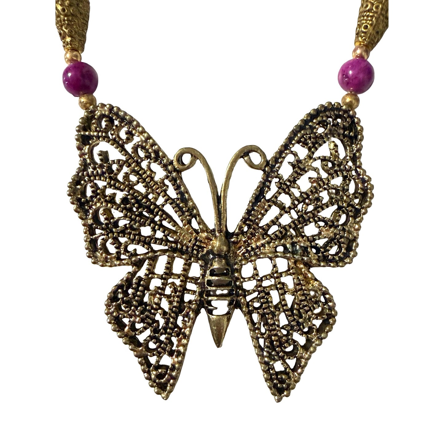 Vintage Butterfly Pendant Necklace Purple Stone Beads Filigree Butterfly 18"