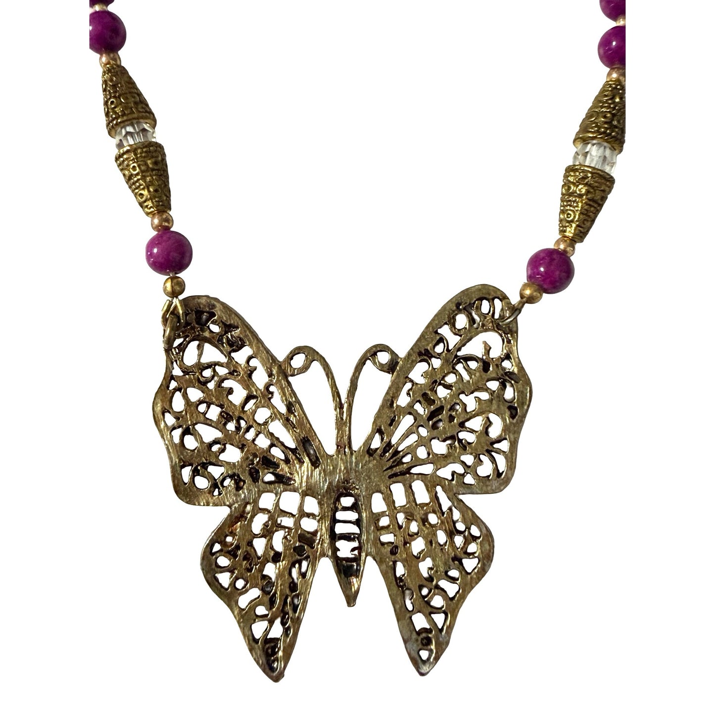 Vintage Butterfly Pendant Necklace Purple Stone Beads Filigree Butterfly 18"