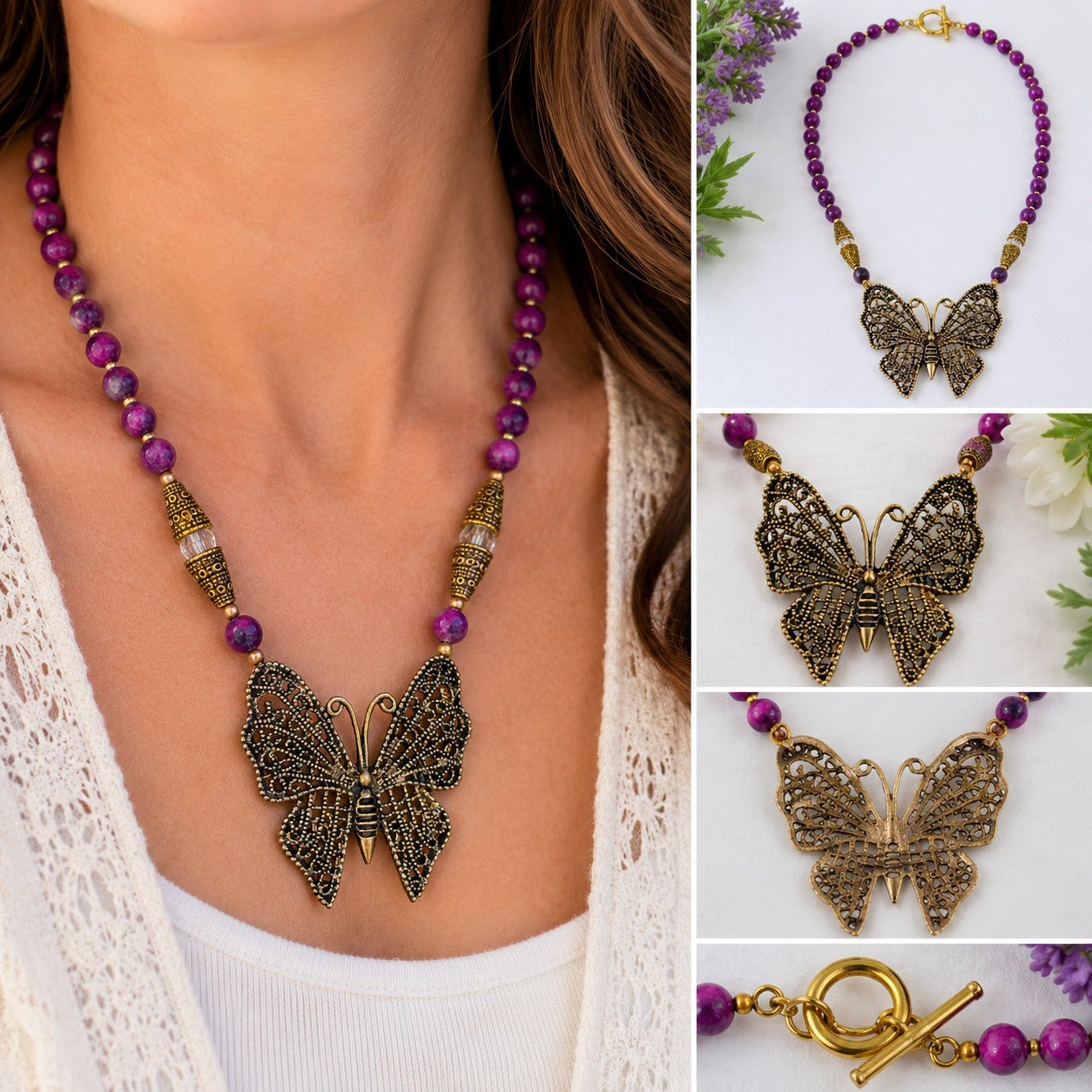Vintage Butterfly Pendant Necklace Purple Stone Beads Filigree Butterfly 18"