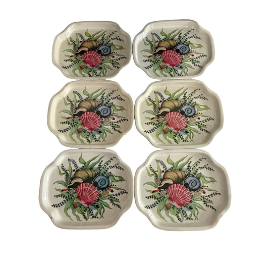Vintage Set of 6 Coastal Seashell Metal Snack Trays Hong Kong 7.5" x 6" Beach Decor