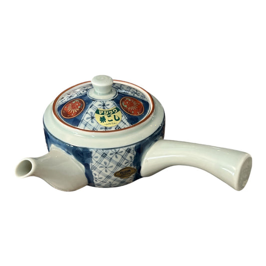 VTG Japanese Arita-yaki Porcelain Teapot with Mesh Strainer | Blue White Red Floral | 7x6x4"