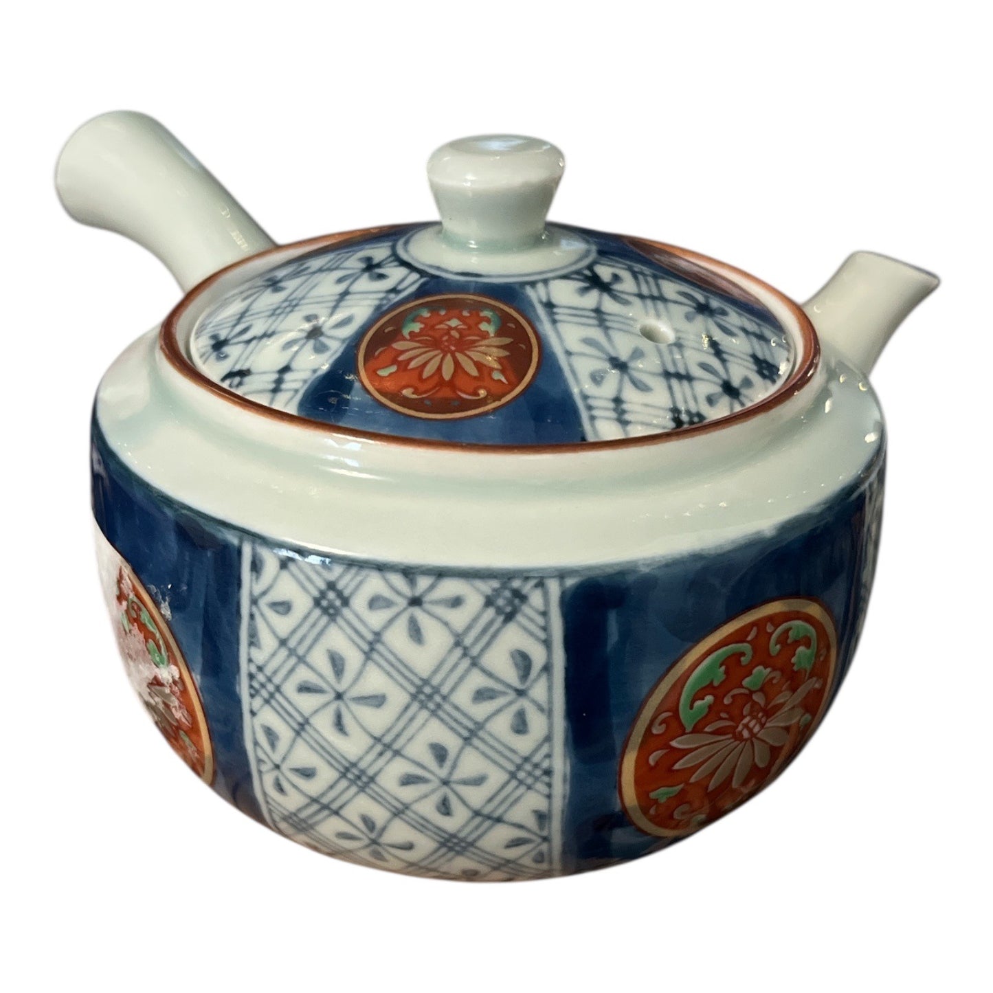 VTG Japanese Arita-yaki Porcelain Teapot with Mesh Strainer | Blue White Red Floral | 7x6x4"