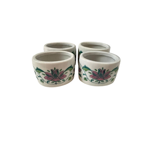 Set of 4 Vintage Floral Ceramic Napkin Rings Pink Green Scroll Pattern Table Decor