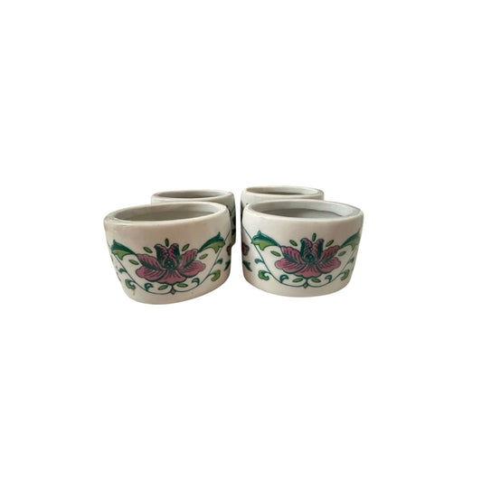 Set of 4 Vintage Floral Ceramic Napkin Rings Pink Green Scroll Pattern Table Decor