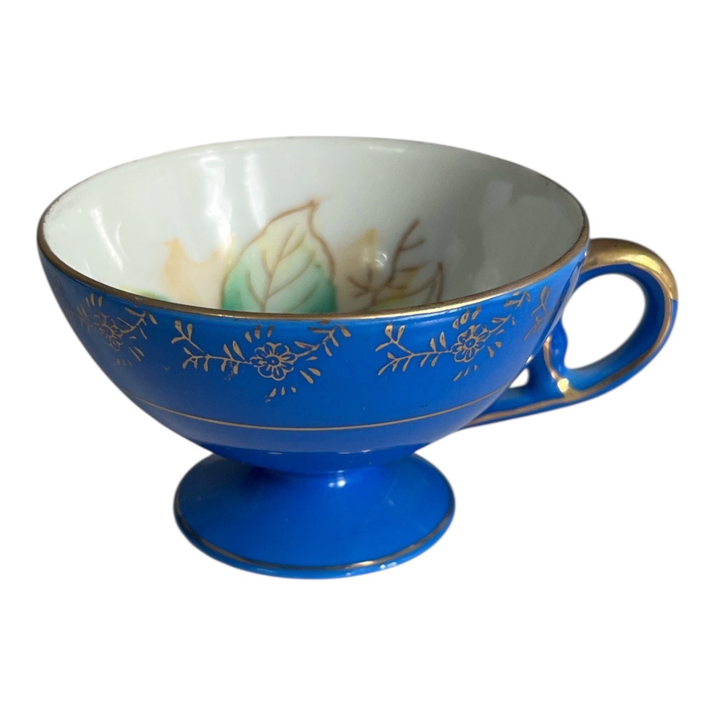 Vintage Royal Sealy Japan Pedestal Teacup Blue Footed Cup Hand Painted Gold Trim Floral Cherries