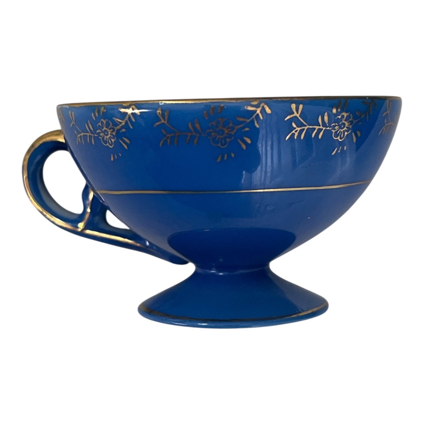 Vintage Royal Sealy Japan Pedestal Teacup Blue Footed Cup Hand Painted Gold Trim Floral Cherries