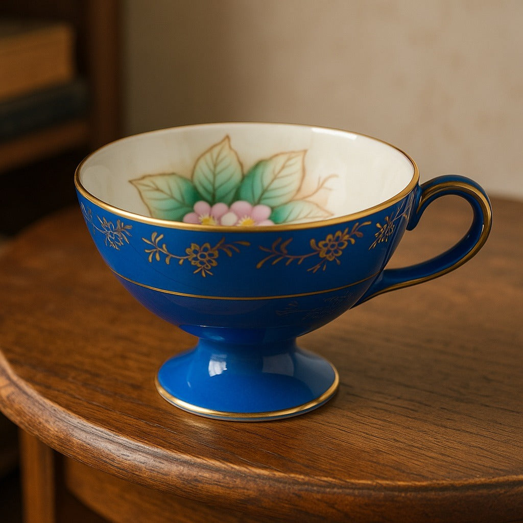 Vintage Royal Sealy Japan Pedestal Teacup Blue Footed Cup Hand Painted Gold Trim Floral Cherries
