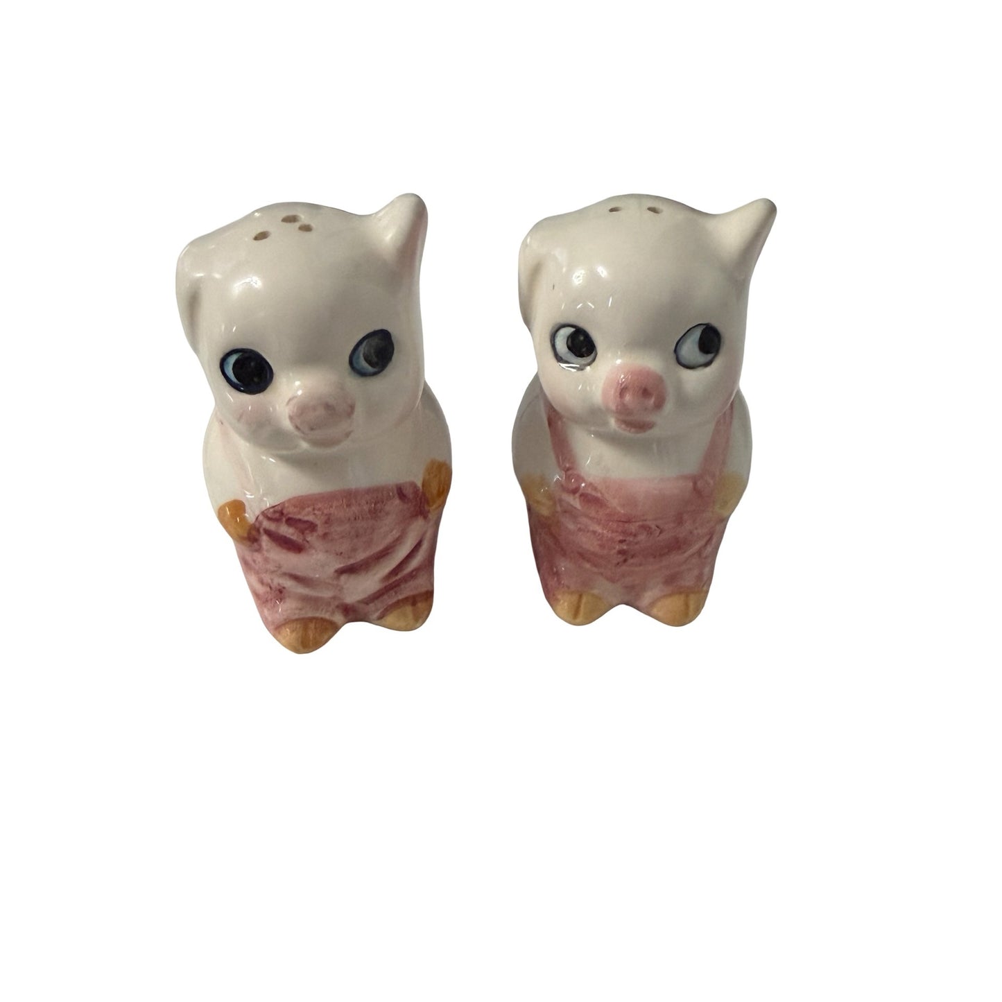Vintage Ceramic Pig Salt & Pepper Shakers Pink Overalls Big Eyes Pair