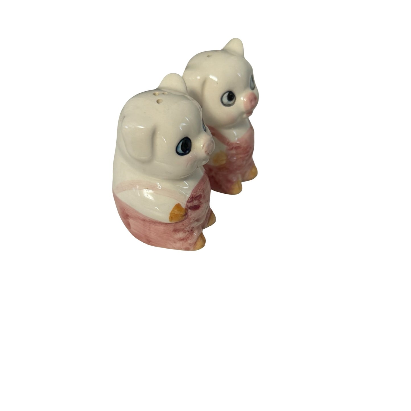 Vintage Ceramic Pig Salt & Pepper Shakers Pink Overalls Big Eyes Pair