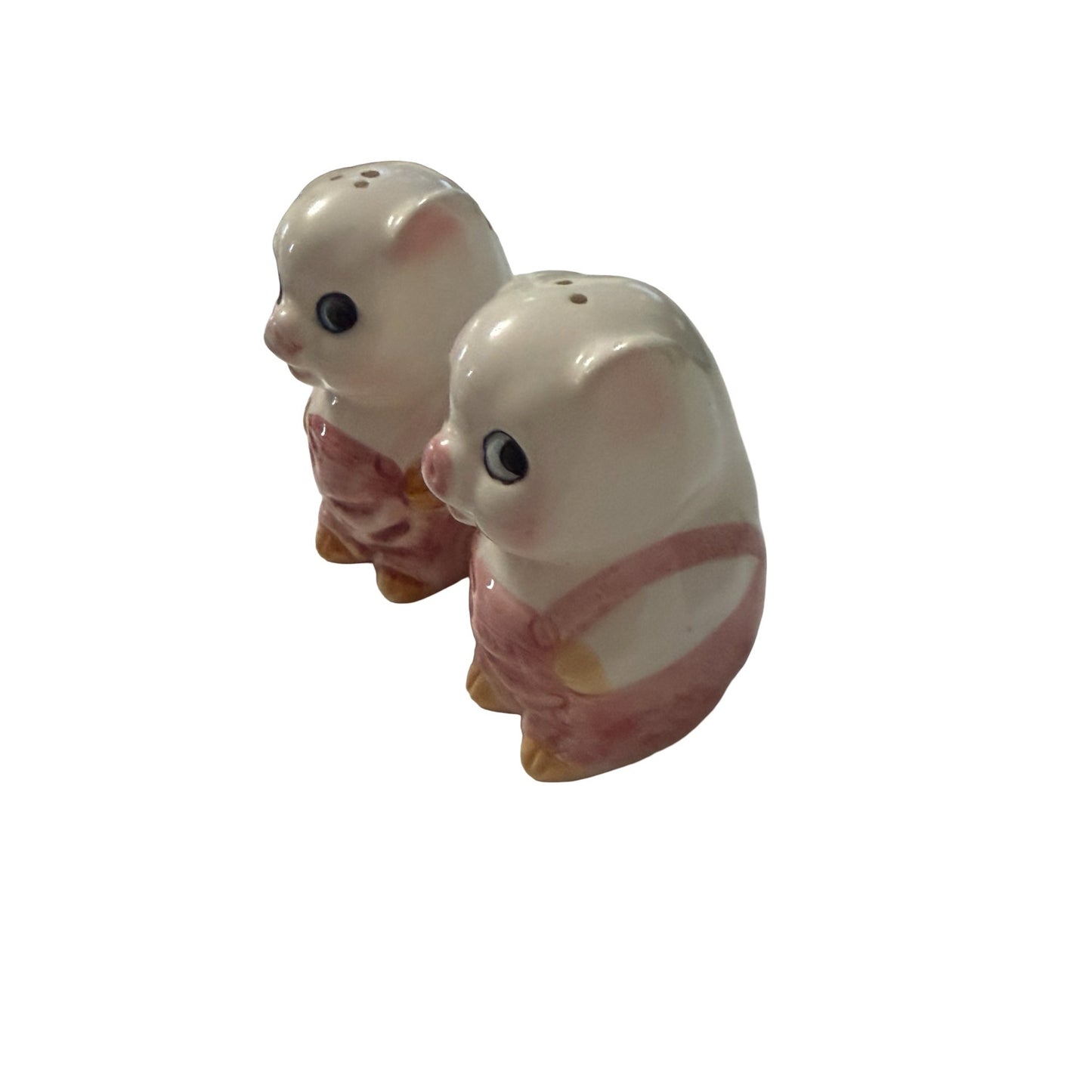 Vintage Ceramic Pig Salt & Pepper Shakers Pink Overalls Big Eyes Pair