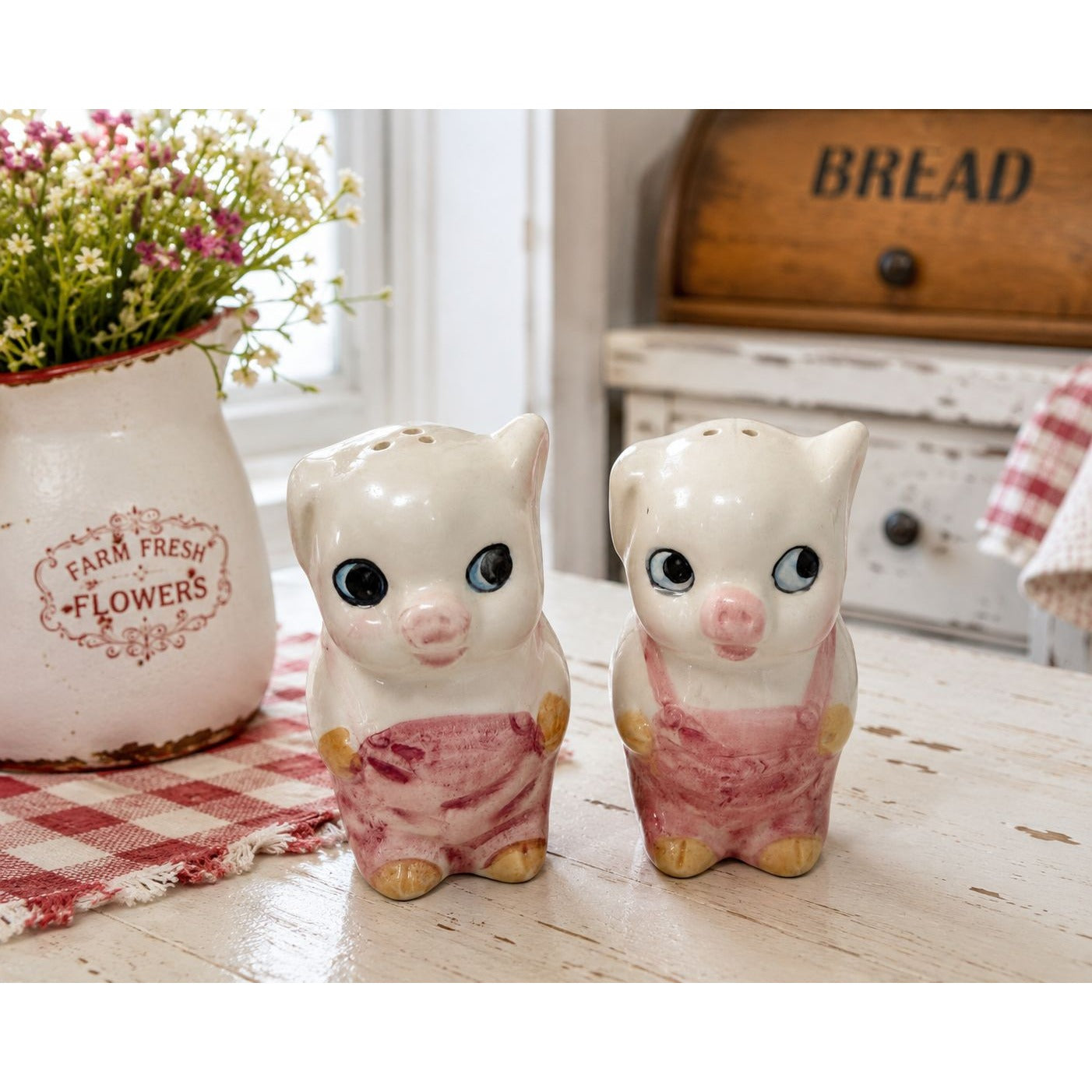 Vintage Ceramic Pig Salt & Pepper Shakers Pink Overalls Big Eyes Pair