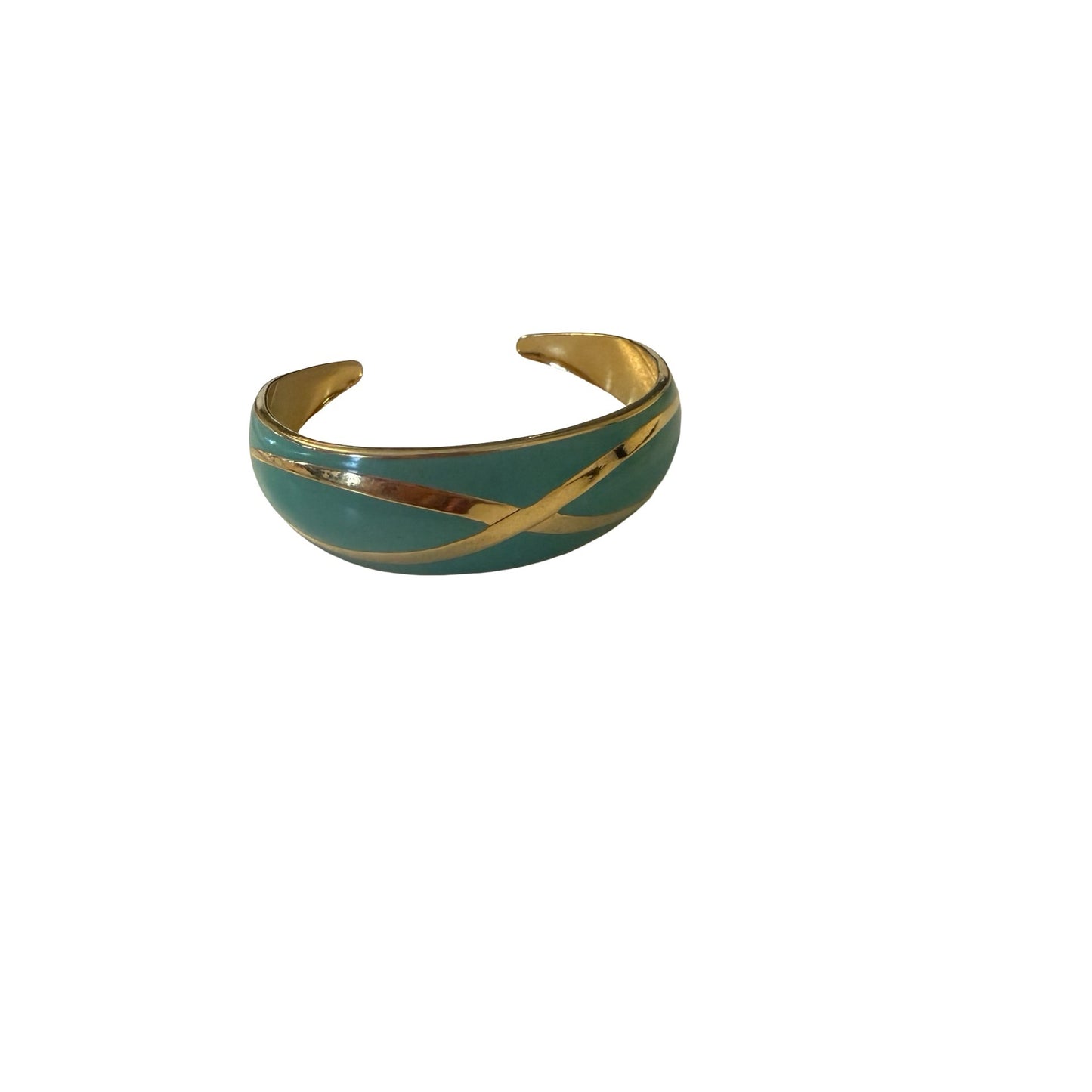 Vintage Gold Tone Teal Enamel Cuff Bracelet Wide Hingeless Open Bangle Modernist