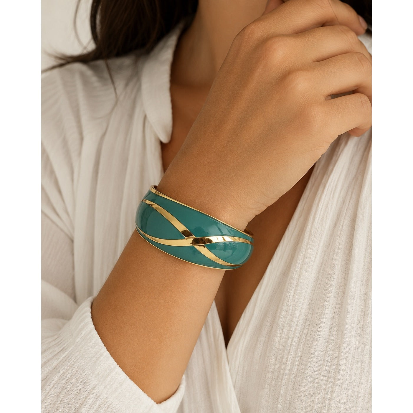 Vintage Gold Tone Teal Enamel Cuff Bracelet Wide Hingeless Open Bangle Modernist