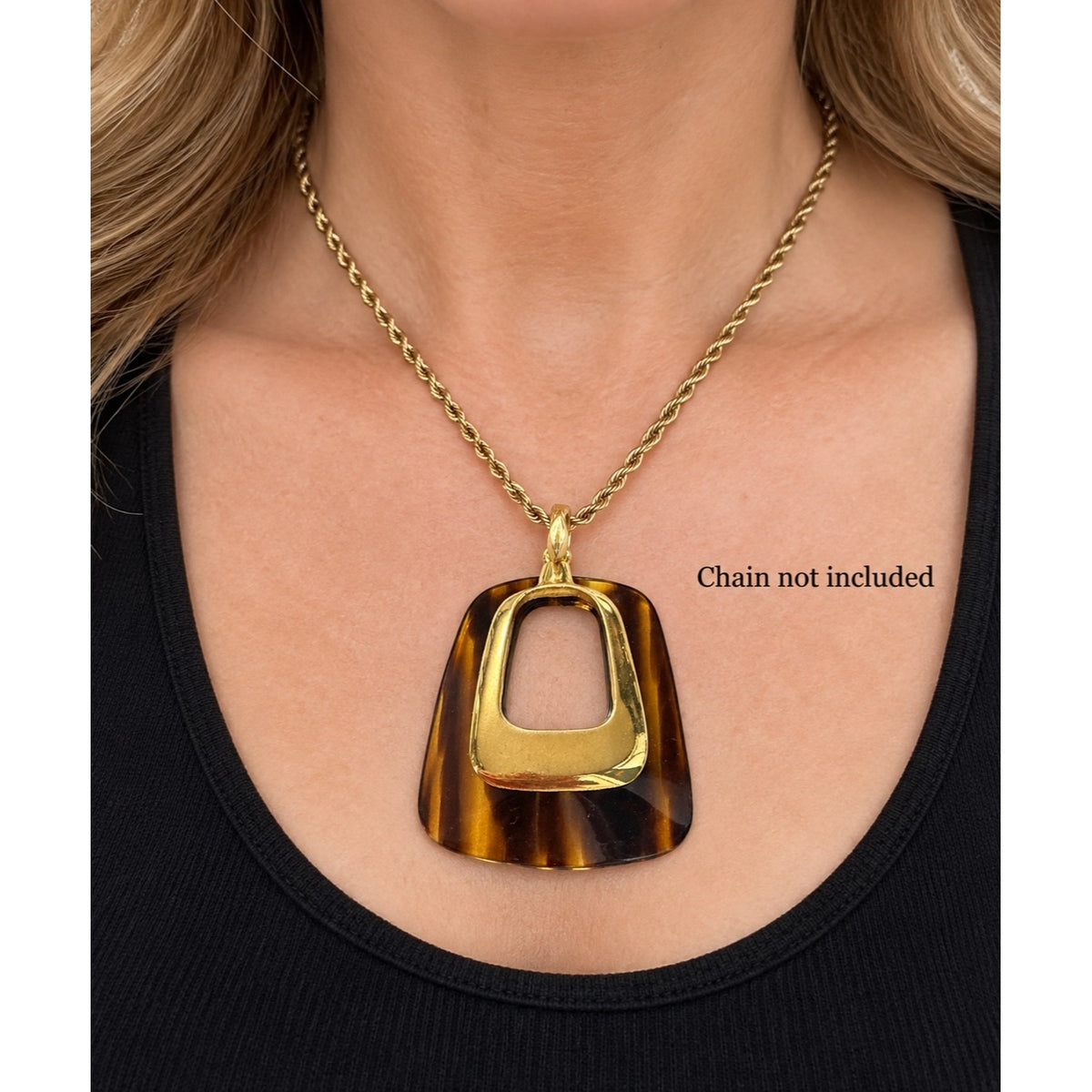 Vintage Tortoiseshell Lucite Geometric Pendant Gold Tone Modernist 2.5 Inch