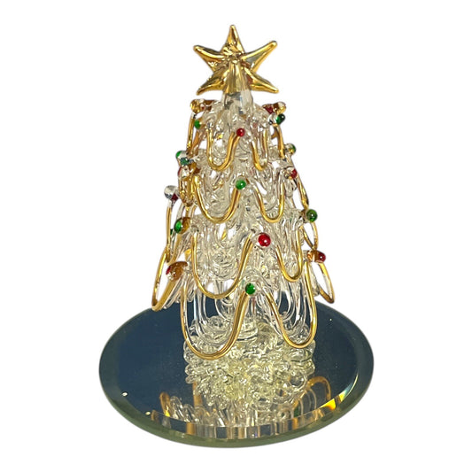 Vintage Spun Glass Christmas Tree Figurine – 24K Gold-Plated Accents – Mirrored Base – Boxed Holiday Decoration