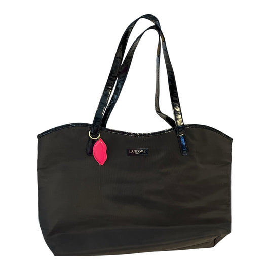 Lancôme Paris Black Nylon Tote Bag – Patent Handles – Eiffel Tower & Lip Print Lining – Pink Lips Charm – Large Cosmetic Travel Bag