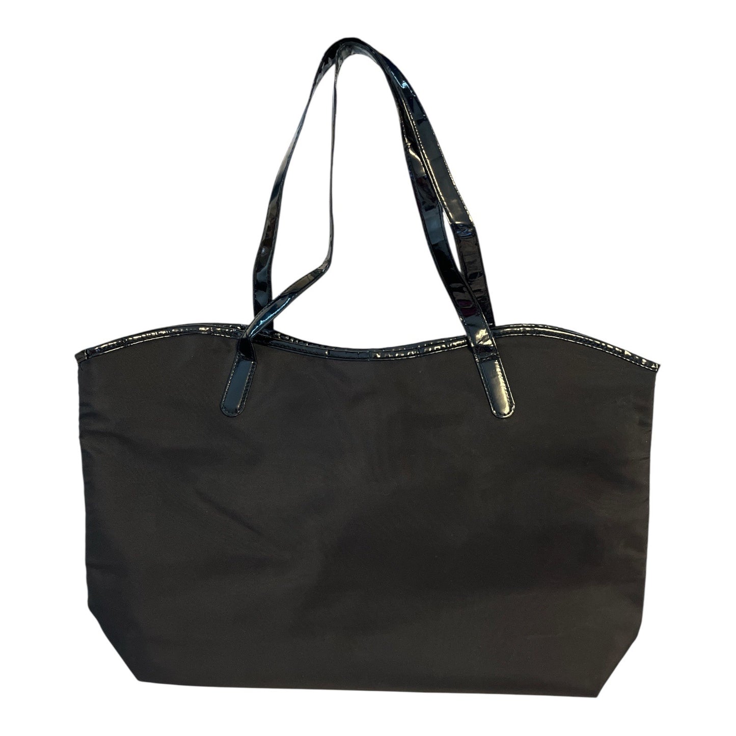 Lancôme Paris Black Nylon Tote Bag – Patent Handles – Eiffel Tower & Lip Print Lining – Pink Lips Charm – Large Cosmetic Travel Bag