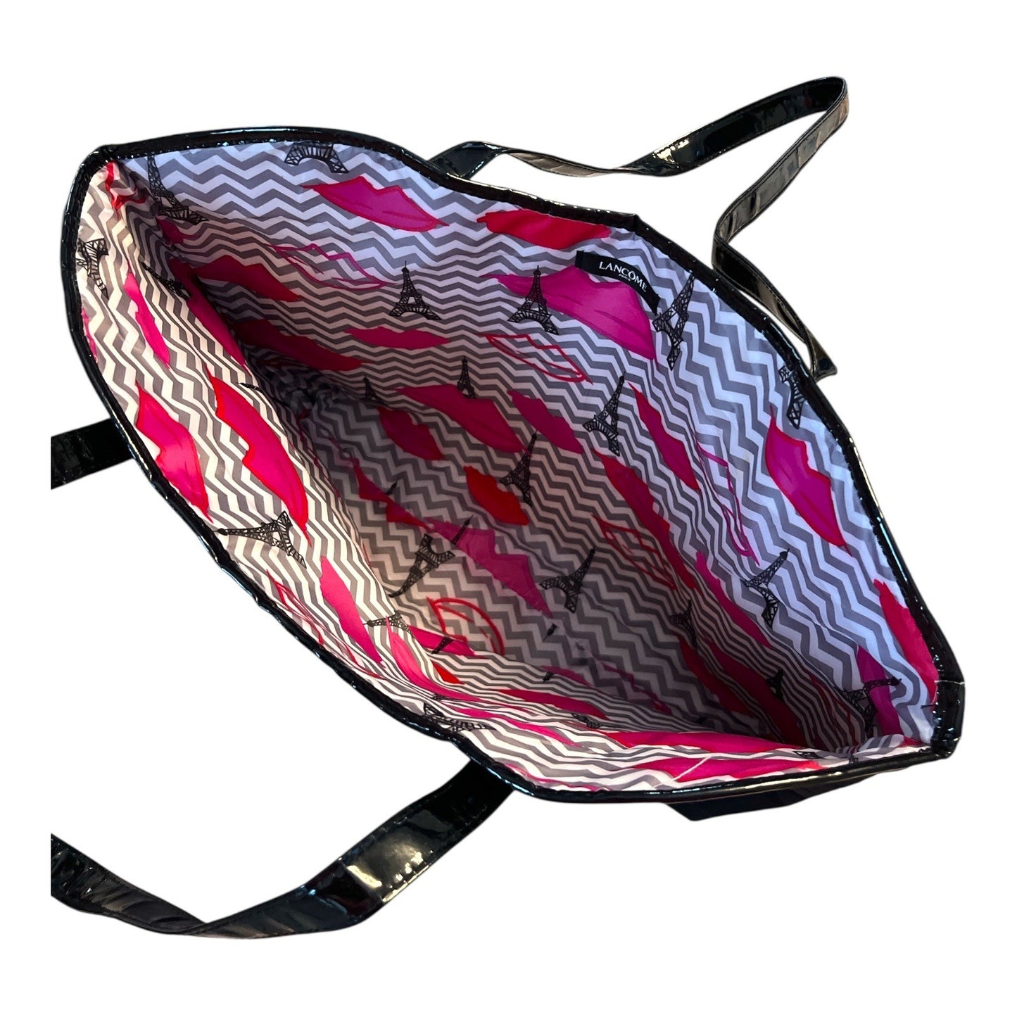 Lancôme Paris Black Nylon Tote Bag – Patent Handles – Eiffel Tower & Lip Print Lining – Pink Lips Charm – Large Cosmetic Travel Bag