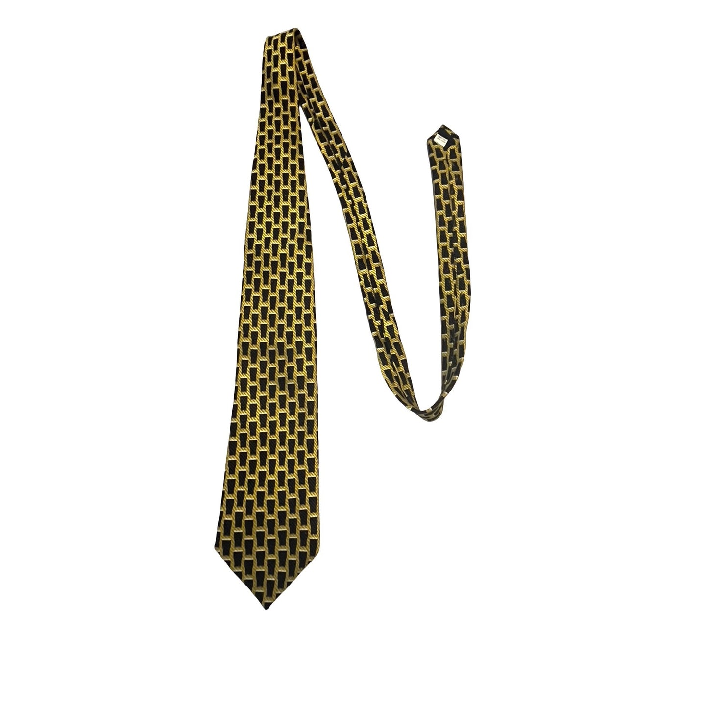 Irish Print Pure Silk Tie Black Gold Geometric Pattern Ireland Vintage