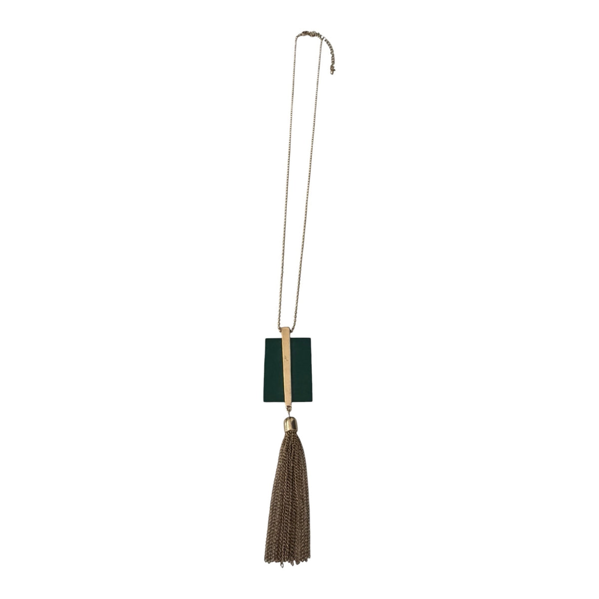 Gold Tone Green Geometric Pendant Chain Tassel Necklace 25 Inch