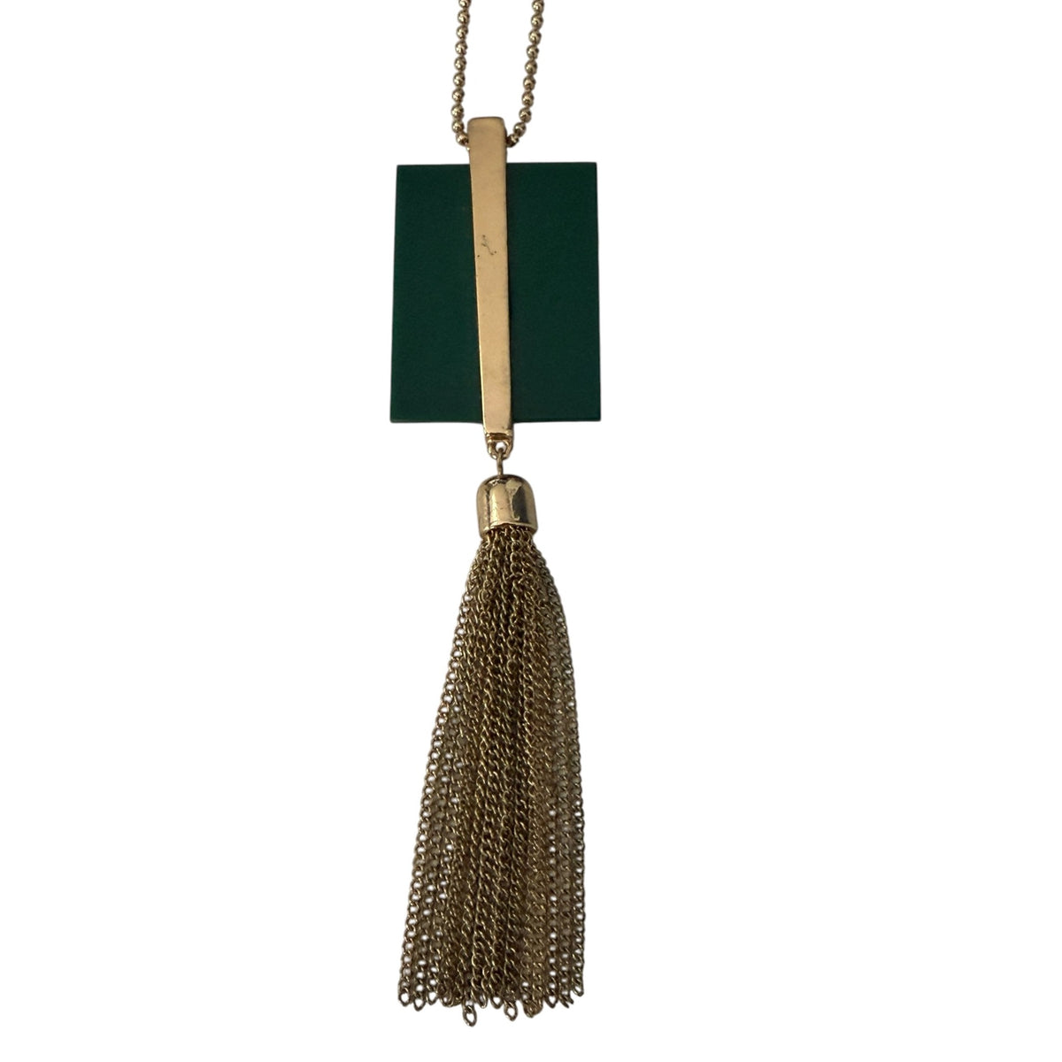 Gold Tone Green Geometric Pendant Chain Tassel Necklace 25 Inch