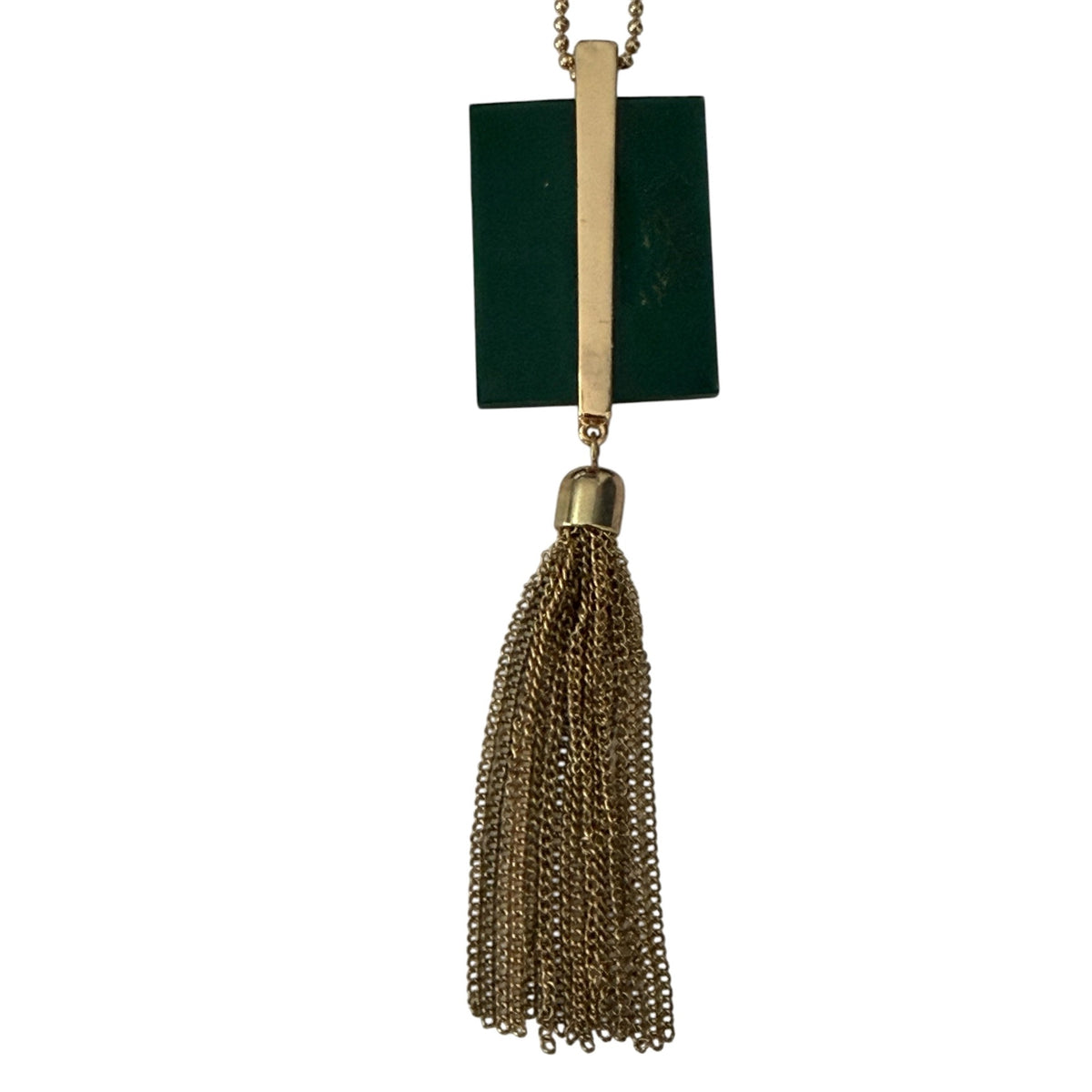 Gold Tone Green Geometric Pendant Chain Tassel Necklace 25 Inch