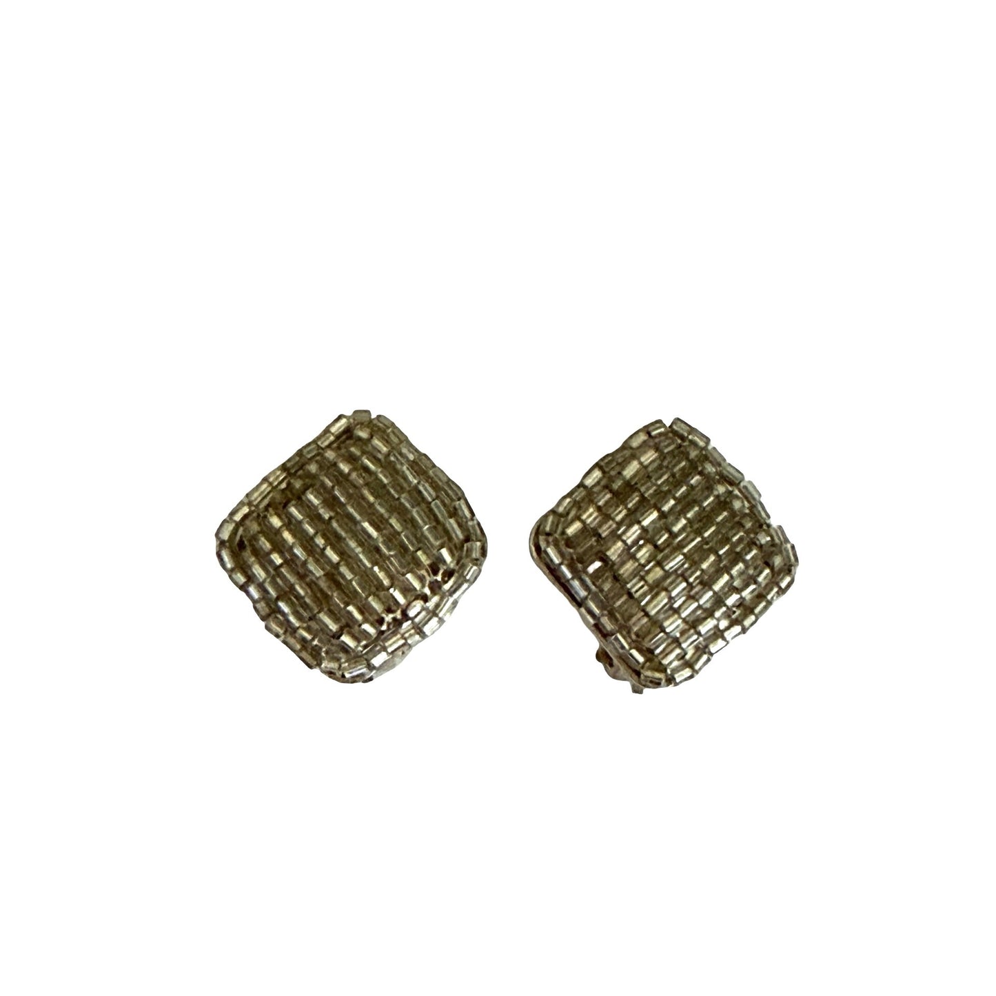 Vintage Silver Tone Beaded Clip On Earrings Textured Square Retro Jewelry