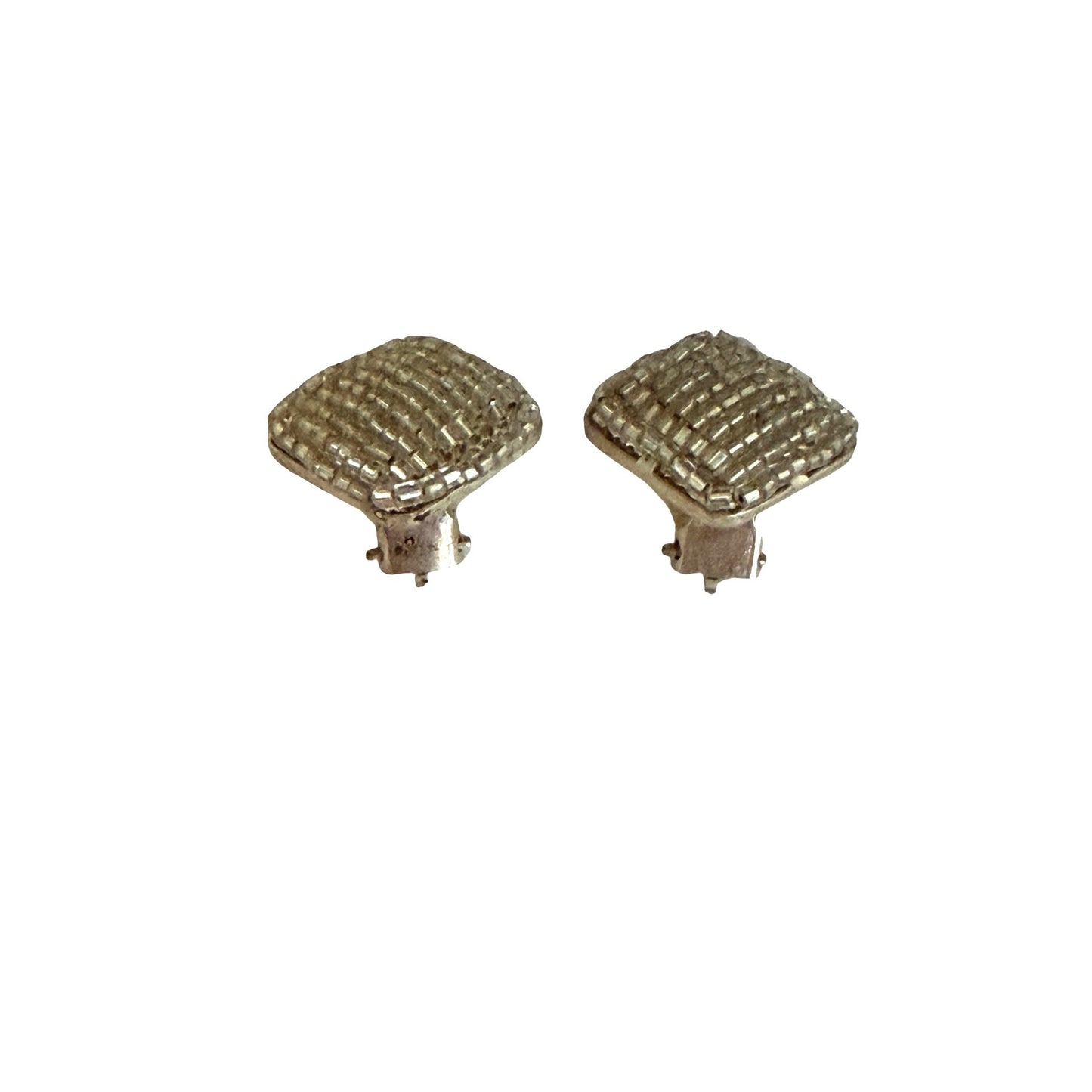 Vintage Silver Tone Beaded Clip On Earrings Textured Square Retro Jewelry