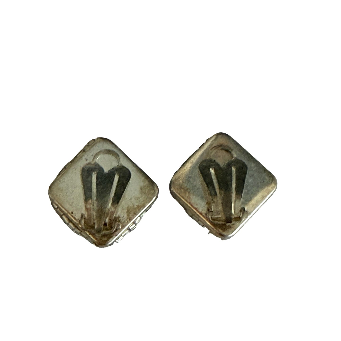Vintage Silver Tone Beaded Clip On Earrings Textured Square Retro Jewelry