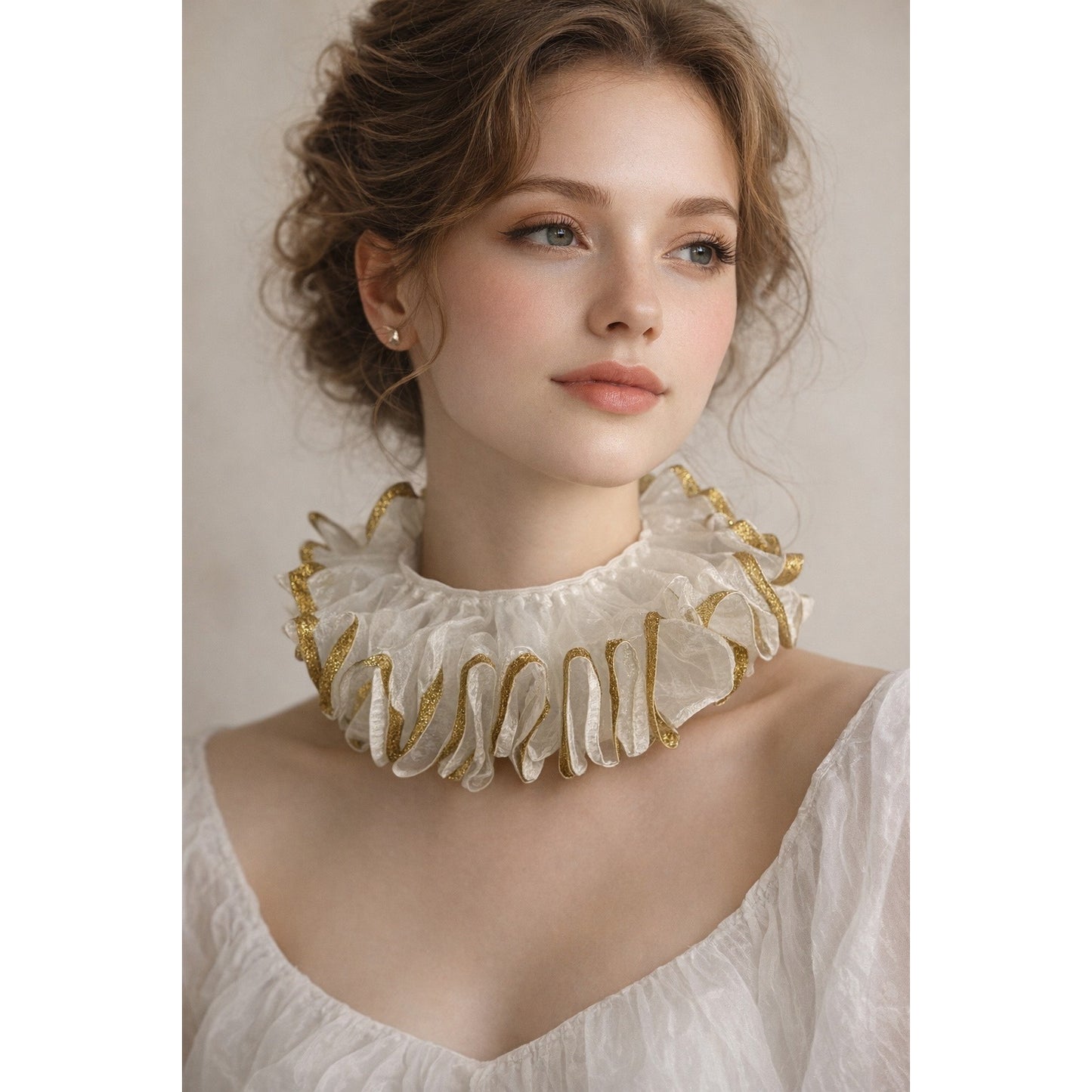 Vintage White Gold Ruffle Collar Dance Costume Neck Piece Elastic Hook Loop 14.25”