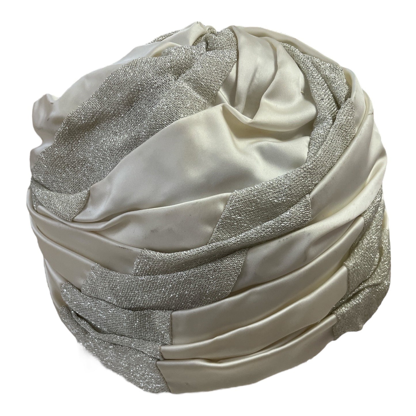 Vintage White Satin & Silver Lame Turban Hat – Structured Evening or Costume Headpiece