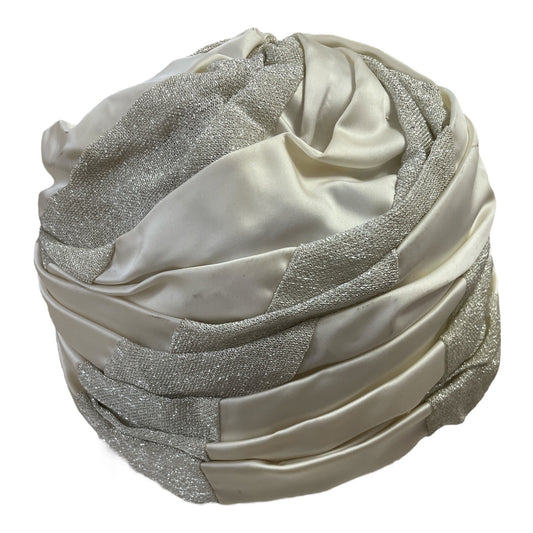 Vintage White Satin & Silver Lame Turban Hat – Structured Evening or Costume Headpiece