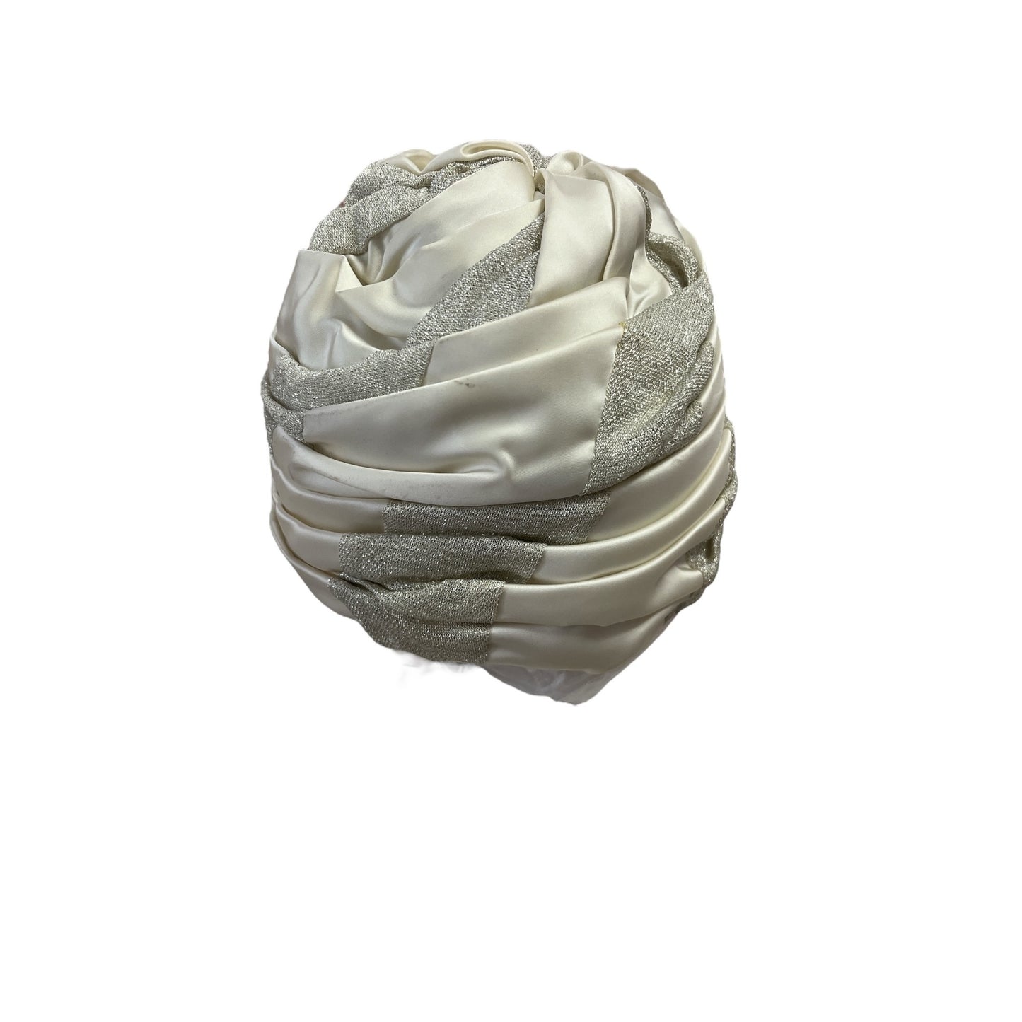 Vintage White Satin & Silver Lame Turban Hat – Structured Evening or Costume Headpiece