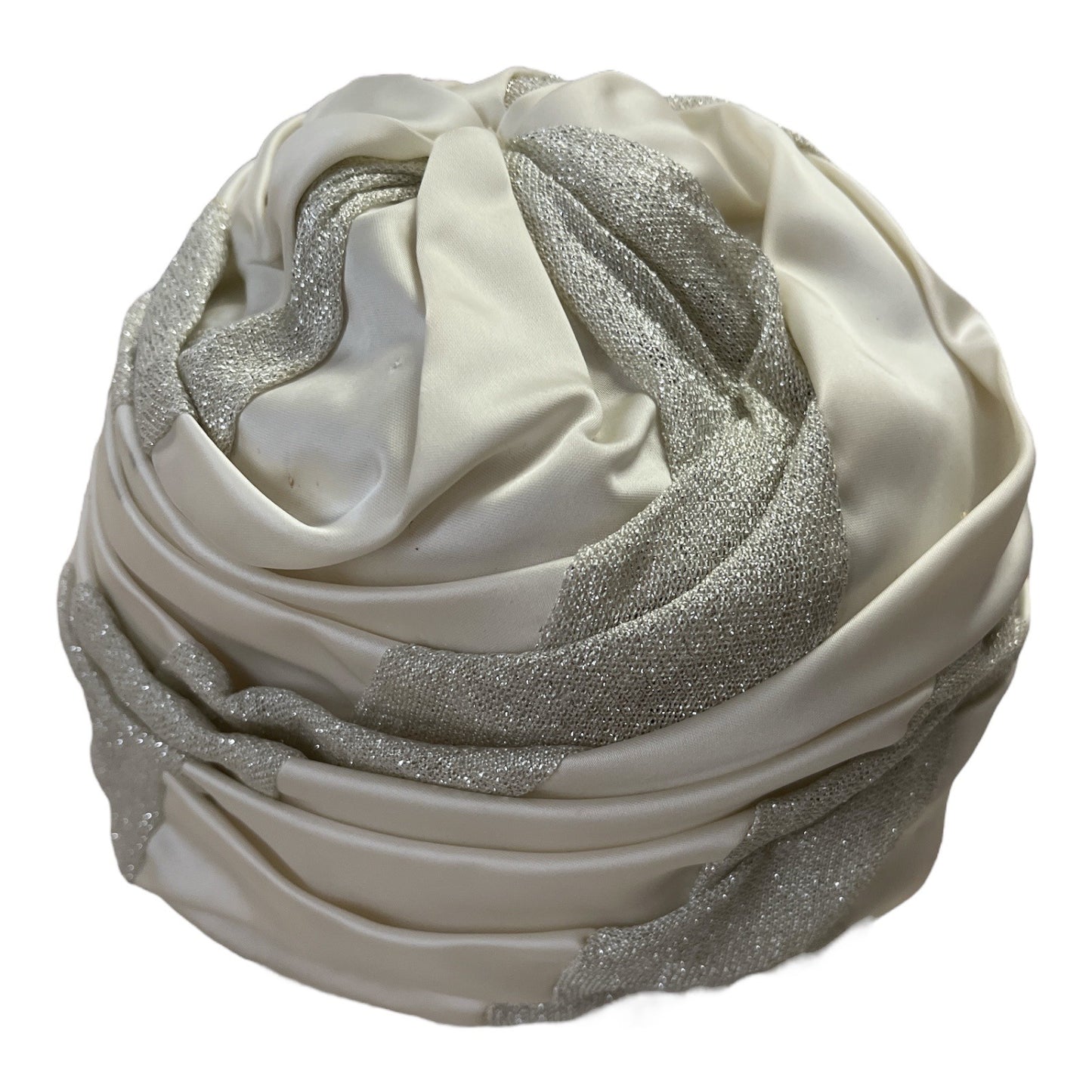 Vintage White Satin & Silver Lame Turban Hat – Structured Evening or Costume Headpiece