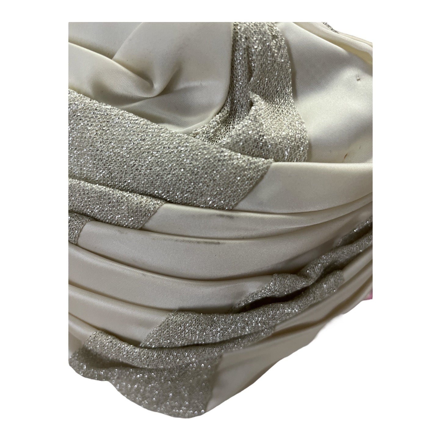 Vintage White Satin & Silver Lame Turban Hat – Structured Evening or Costume Headpiece