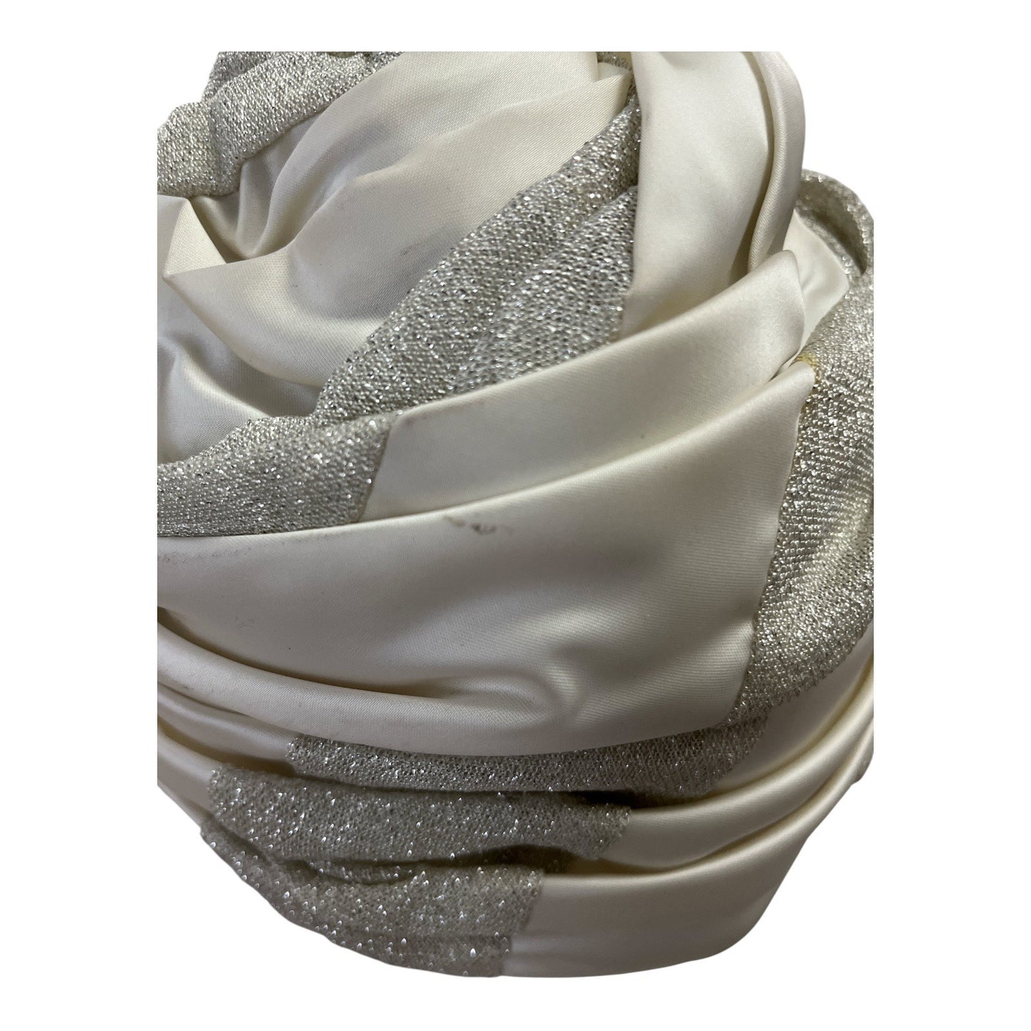 Vintage White Satin & Silver Lame Turban Hat – Structured Evening or Costume Headpiece