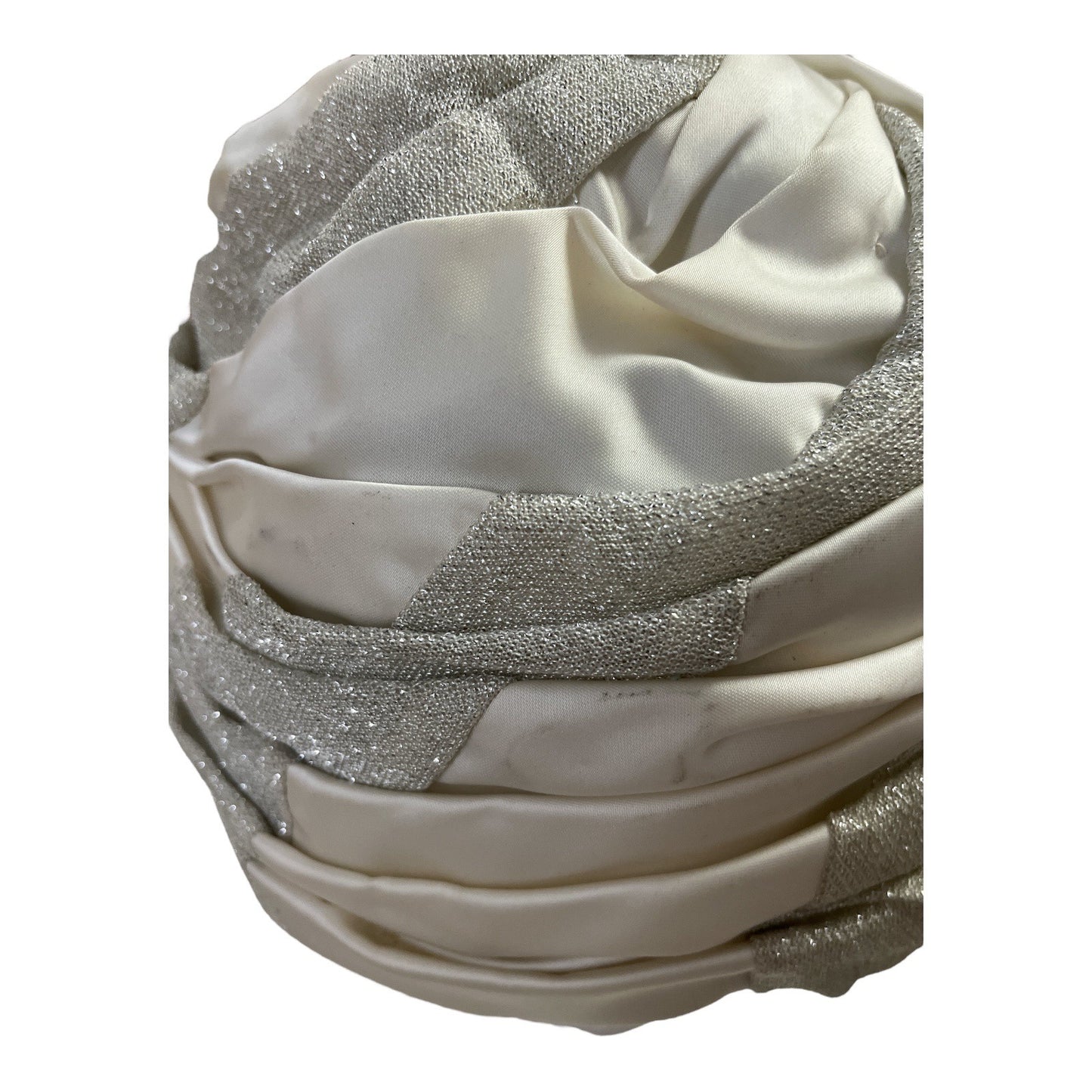 Vintage White Satin & Silver Lame Turban Hat – Structured Evening or Costume Headpiece