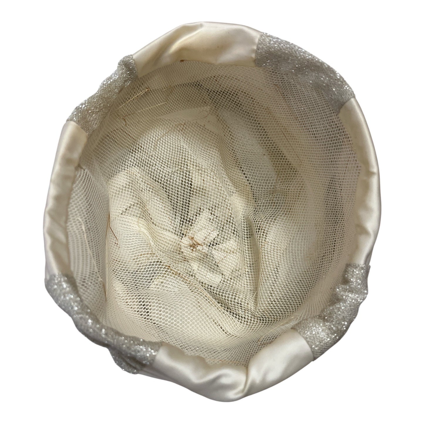 Vintage White Satin & Silver Lame Turban Hat – Structured Evening or Costume Headpiece
