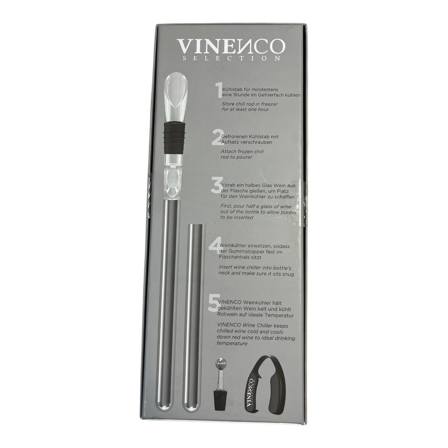 VINENCO Selection Wine Chiller with Pourer Stopper & Foil Cutter Stainless Steel