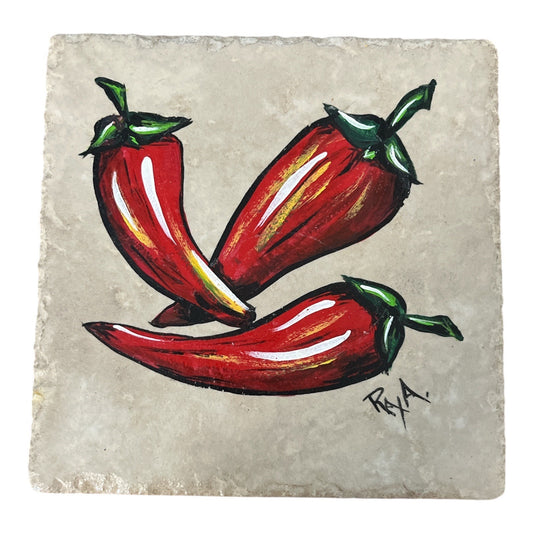 Hand-Painted Cerdomus Italian Ceramic Tile With Red Chili Pepper Design Signed