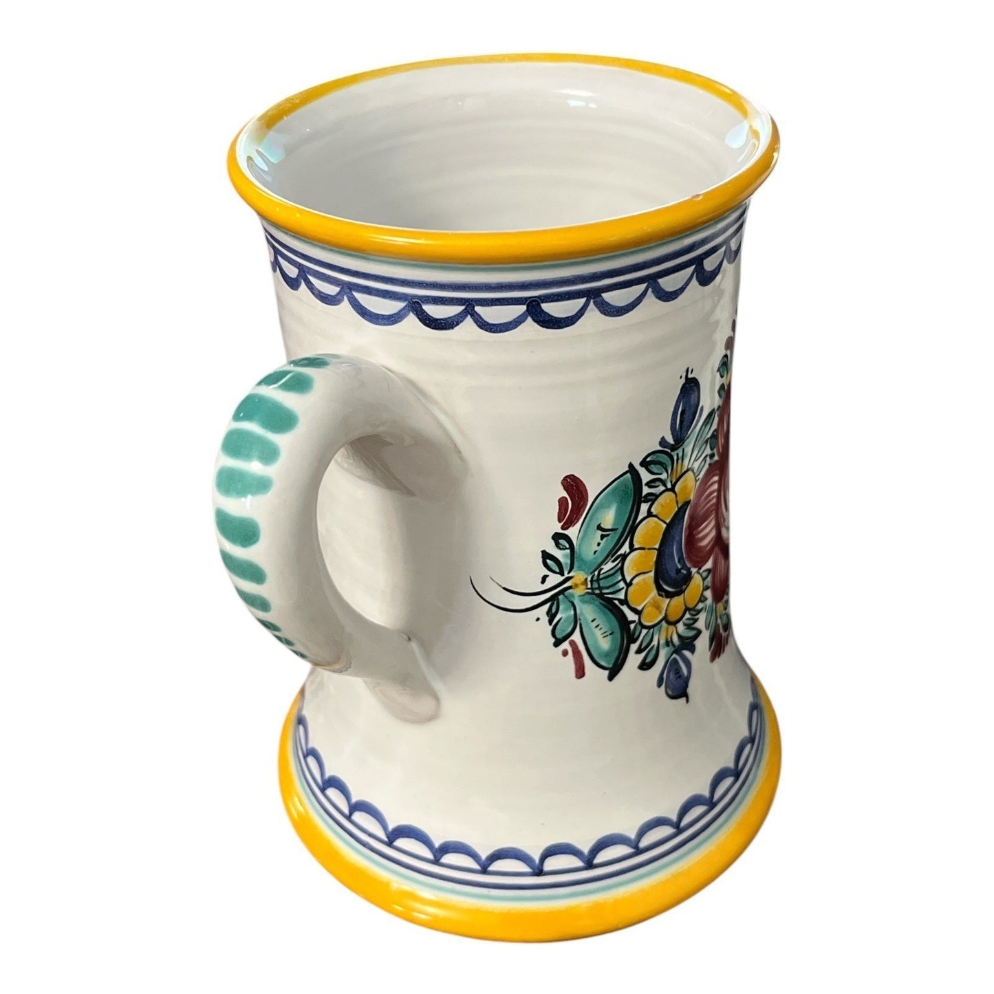 Modra Style Slovak Folk Pottery Floral Tankard Mug Hand Painted Ceramic 1990s 7.5"
