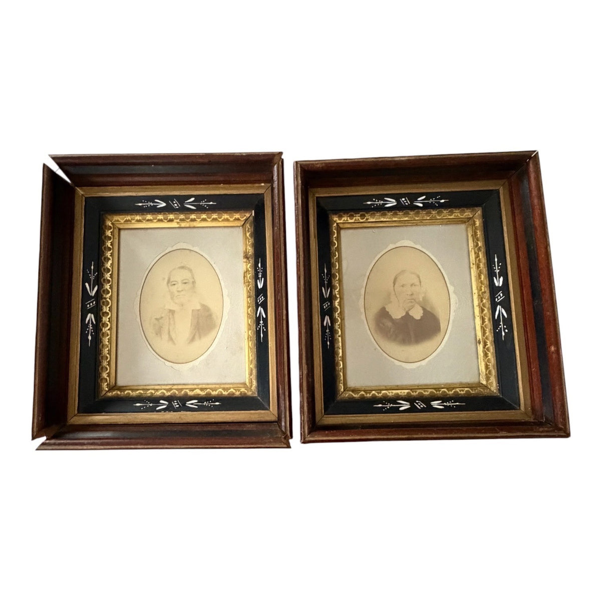Antique c1855-1865 Hand Enhanced Portrait Photographs Pair Deep Wood Frames 15"