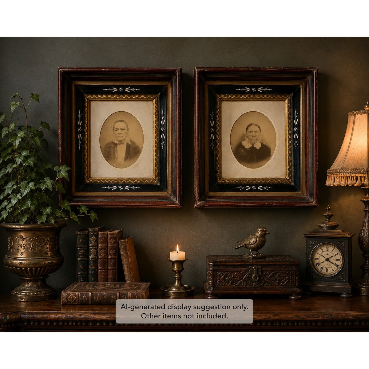 Antique c1855-1865 Hand Enhanced Portrait Photographs Pair Deep Wood Frames 15"