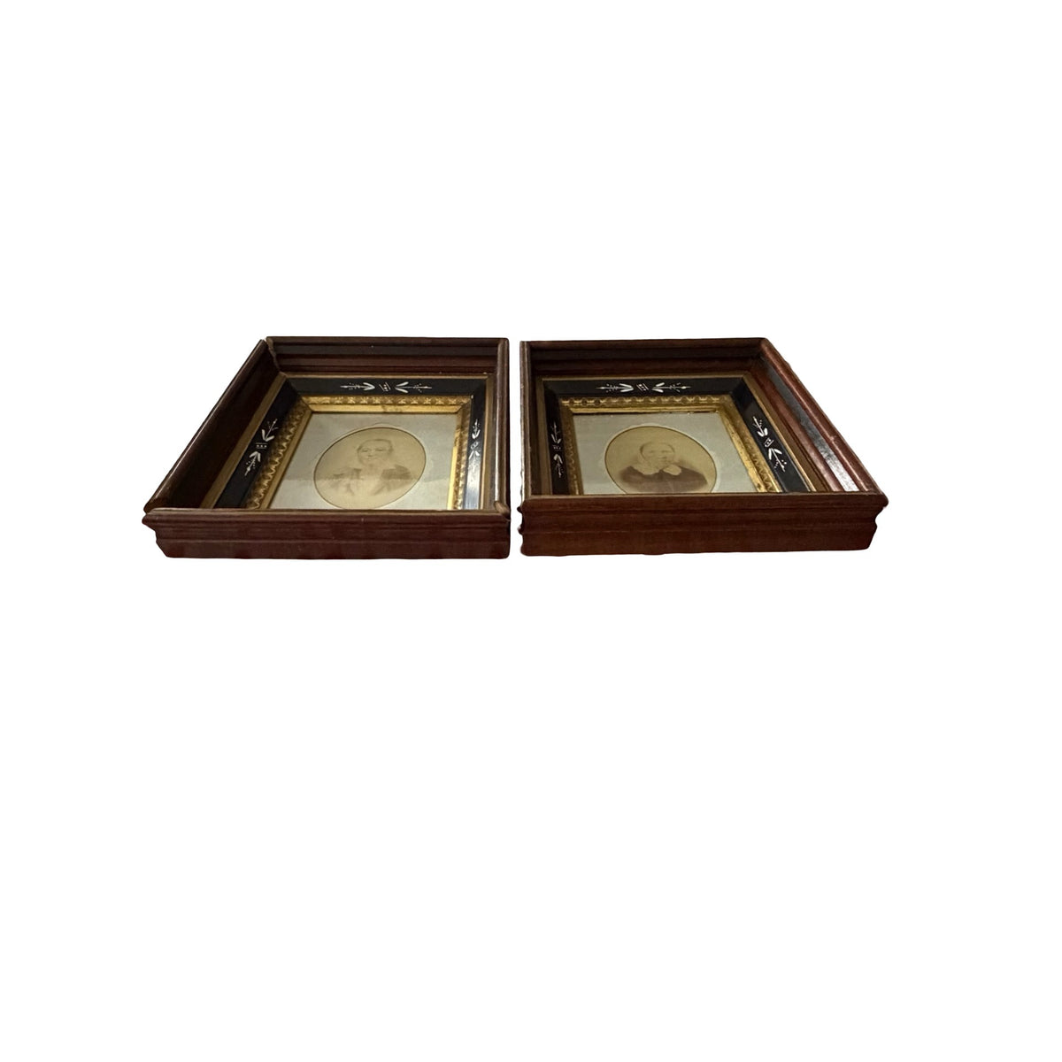 Antique c1855-1865 Hand Enhanced Portrait Photographs Pair Deep Wood Frames 15"