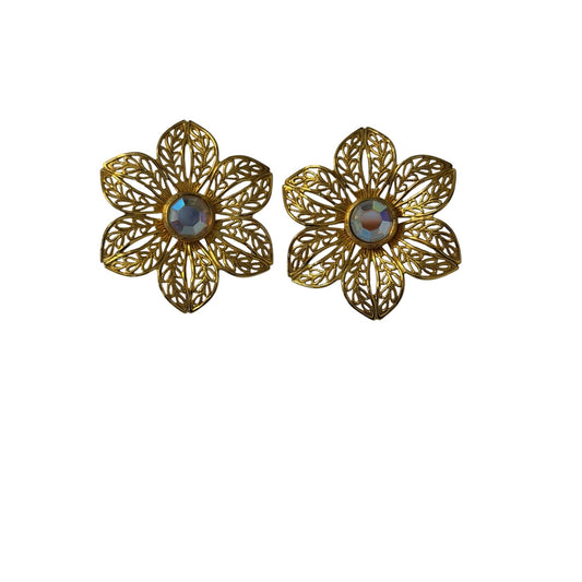 Vintage Gold Tone Filigree Flower Post Earrings Aurora Borealis Rhinestone Floral