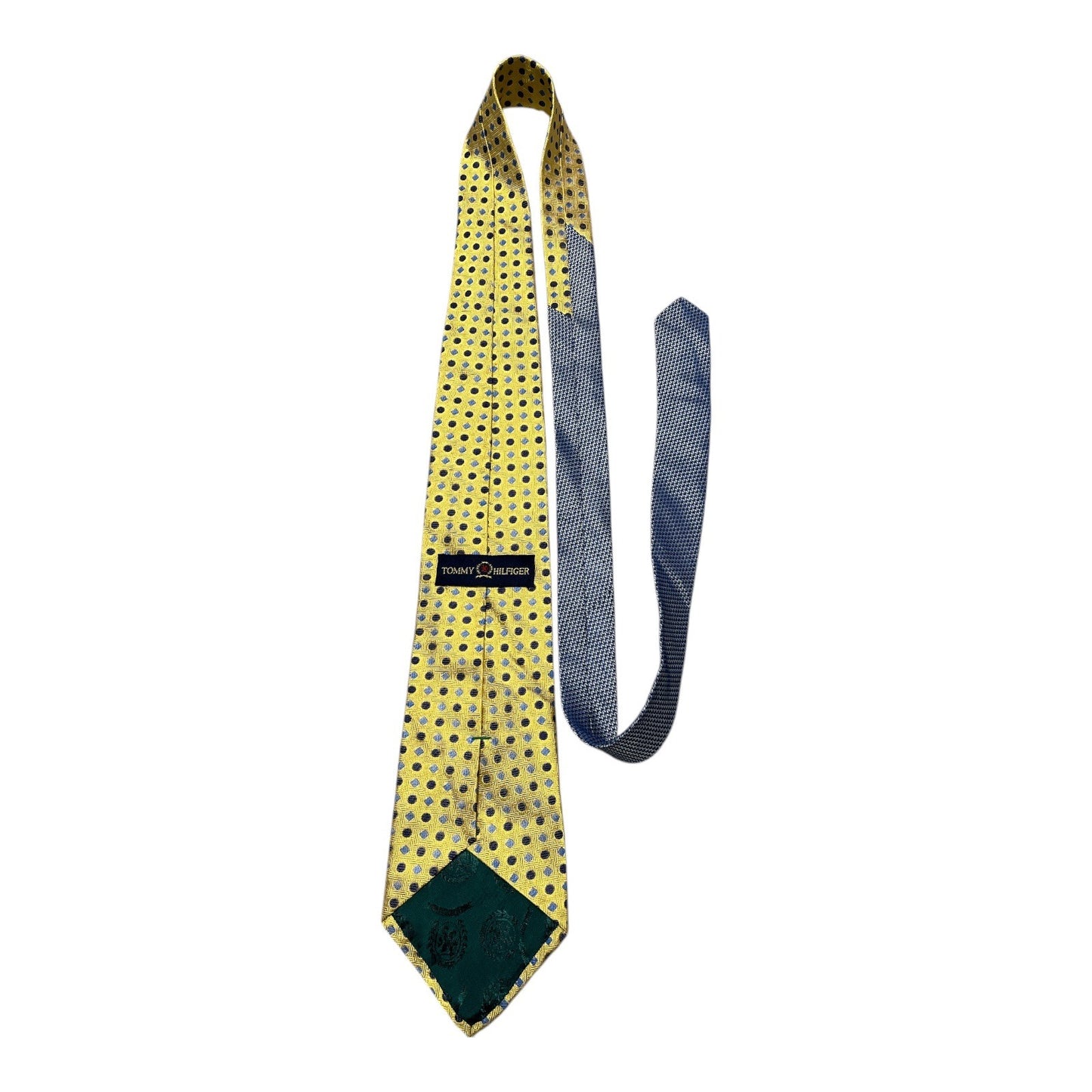 Vintage Tommy Hilfiger Yellow Silk Necktie Blue Geometric Dot Pattern Designer Tie